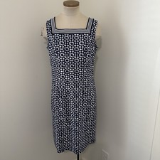 TALBOTS Medium Nylon Stretch Dress Square Neck Geometric Blue & White Sleeveless