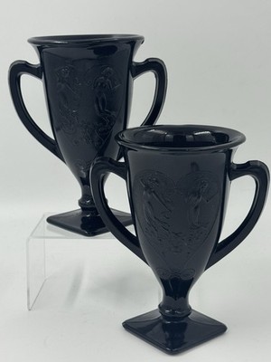 Vintage LE Smith Black Amethyst Glass Ewer Vase w/Embossed Dancing Nymphs - Pair