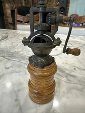 Vintage Pepper Grinder Mill Wooden Base Exposed Gear Hand Crank Steampunk Style