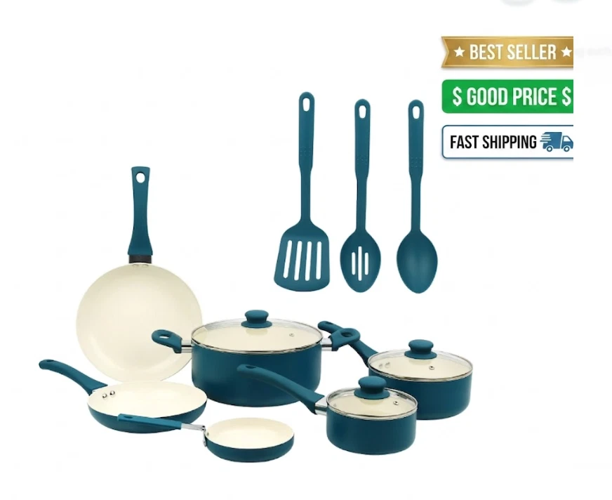 12pc Ceramic Nonstick Cookware Set Aluminum Pots Pans Blue Kitchen