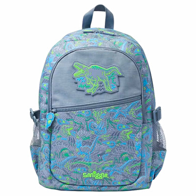 Smiggle Dinosaur Large Kids Zip Backpack Gray Green Blue Bottle Pocket