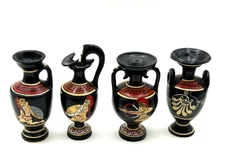 4 Greek Pottery Miniature Vases By  J. Spyropoulos Pottery Works Hand Painted