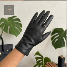 Women's Black Genuine Leather Gloves Vintage 90s Driving Winter Ruffled Cuff