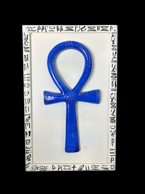 Blue Ankh Wall Art   Life Symbol Stone on Hieroglyphic Wood Panel Made In Egypt