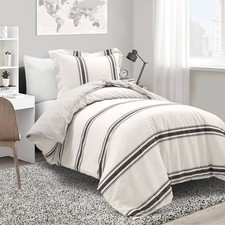 3pc Full/Queen Farmhouse Stripe Reversible Duvet Set Black - Lush D cor: Cotton