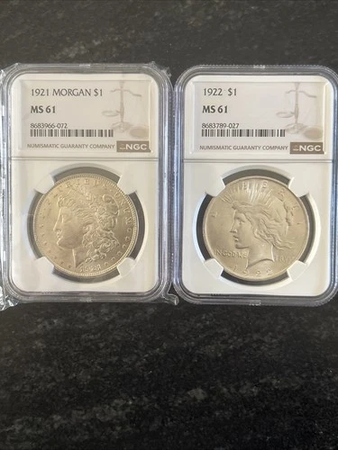Silver 1921 Morgan $1 Ms 61 And 1922 $1 Peace Ms 61 . NGC