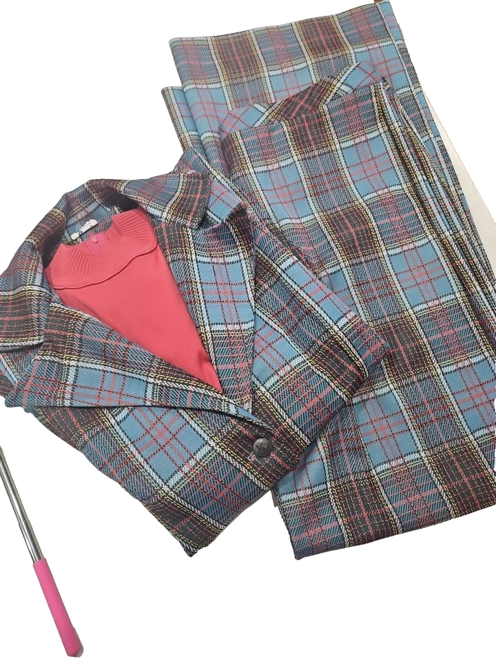 Blazer a cuadros vintage Jane Colby para mujer años 70 pantalones de pierna ancha traje de ocio 3 piezas Foto 2 de 4