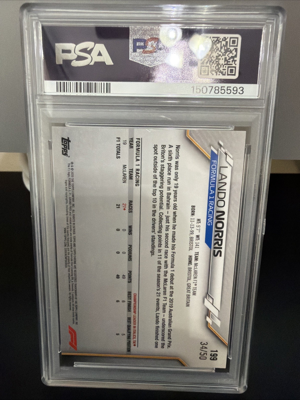 2020 Topps Chrome F1 Lando Norris RC Rookie Freshest Gold Wave 34/50 PSA 7 #199 view 2