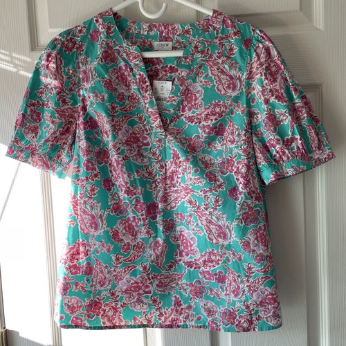 NWT J Crew Short Sleeve Cotton Poplin Teal Pink Floral Top Womens S - Picture 1 of 9