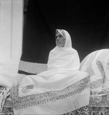 Bhagavan  Sri Ramana Maharshi Sitting on Couch at Skandasramam (B&W Photo)