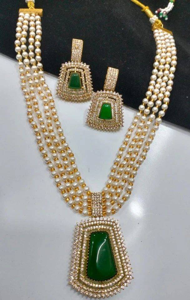 Conjunto de collar Kundan tradicional indio de perlas largas enchapado en oro joyería de boda Foto 4 de 4