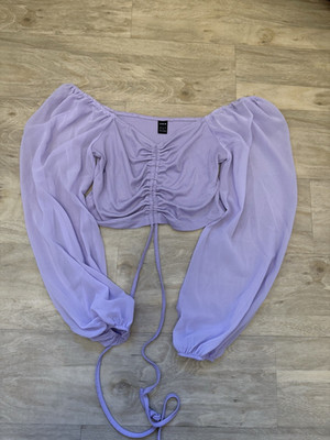 SheIn Damen Bluse Lila, Carmen-Ausschnitt, Ballonärmel, Bindeverschluss, Gr. M