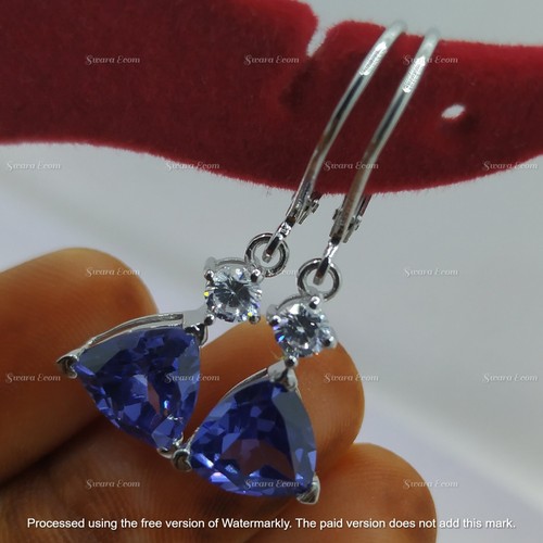 14K White Gold Plated Simulated Tanzanite & CZ Drop/Dangle Leverback Earrings - Picture 6 of 10