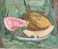 Ukrainian Soviet  Oil Painting impressionism Still Life melon grapes watermelon 