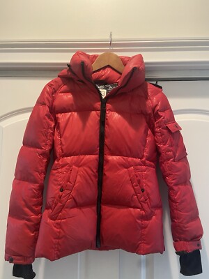 S13 New York Bright Red puffer Hooded Duck Down Jacket Coat women ladies SZ XS