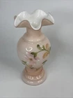 Vintage FENTON Pink Cased Art Glass Hand Painted Floral Ruffled Vase Signed 8.5”