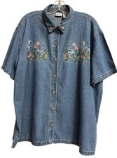 Vintage Bobbie Brooks Denim Embroidered Floral Shirt 22W 24W Plus Blue