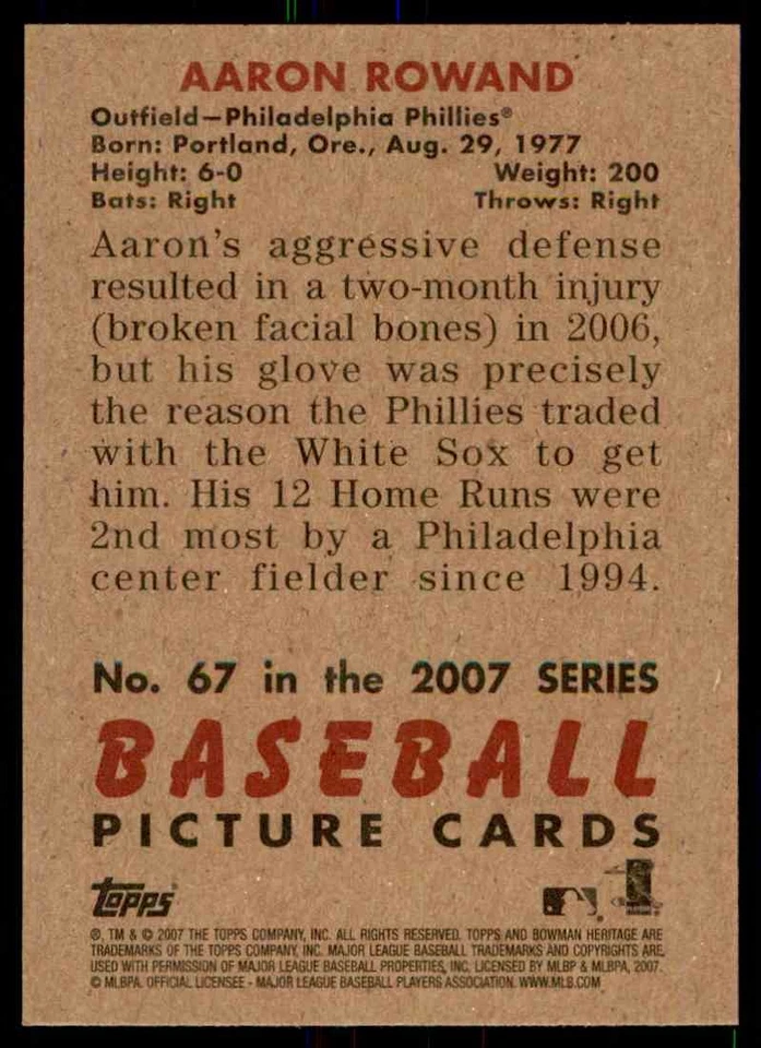 2007 Bowman Heritage ! Aaron Rowand Philadelphia Phillies #67 - Image 2 of 2