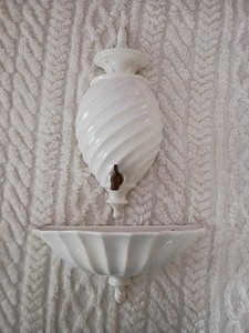 Vintage Creamy White Ceramic Wall Fountain Brass Spigot 2 pc Fountain Pocket