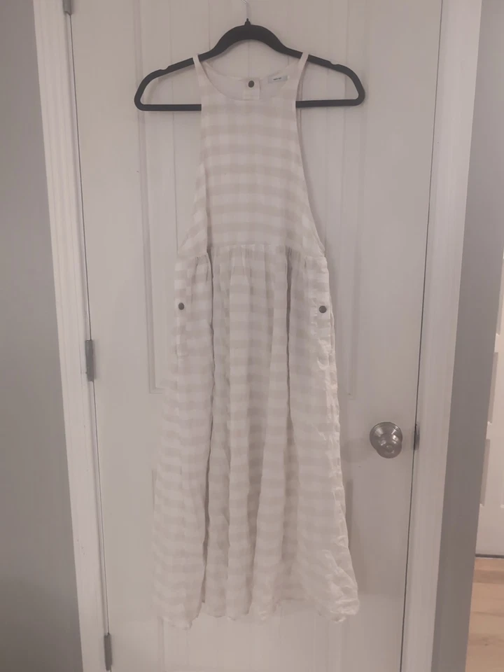 Vestido KIMCHI AZUL Talla S Guinga Blanco Beige A Cuadros Lino Algodón Delantal Broches de presión Foto 3 de 4