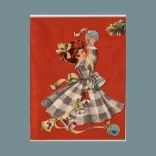 Vintage Norcross Gingham Girl Christmas Card Dancing Bell Ornament Red Collect