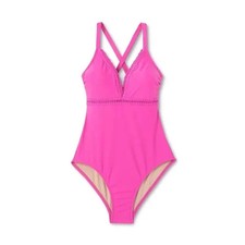 Kona Sol Women's Crochet Shell Stitch Lace Up One Piece Swimsuit Pink Size Med