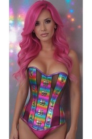 Rainbow Glitter PVC & Black Fishnet Steel Boned Corset Overbust D-Rings & Clasp