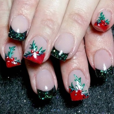 French Tip False Nails Christmas Press On Nails Short Square Artificial Nails