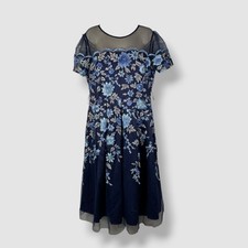 Eliza J Women's Blue Floral Embroidered Illusion A-Line Dress Petite Size 14P