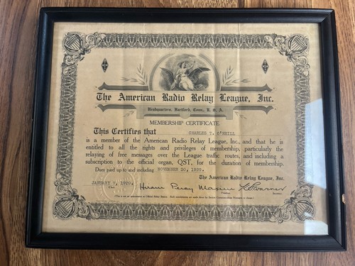 1929 American Radio Relay League Certificate Hiram Percy Maxim Print Signature