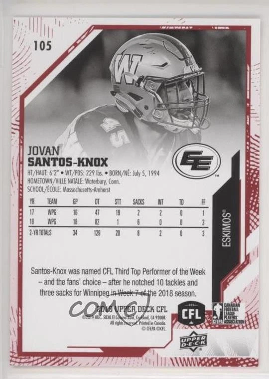 2019 Upper Deck CFL Red /150 Jovan Santos-Knox #105 - Image 2 of 2