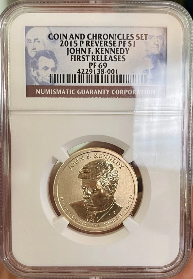 2015-P NGC PF69 Reverse Proof $1 MS70 Silver Kennedy Coin & Chronicles Set + Box - Image 2 of 4