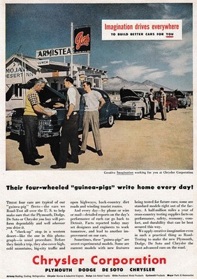 1947 Chrysler: Four Wheeled Guinea Pigs Write Home Vintage Print Ad