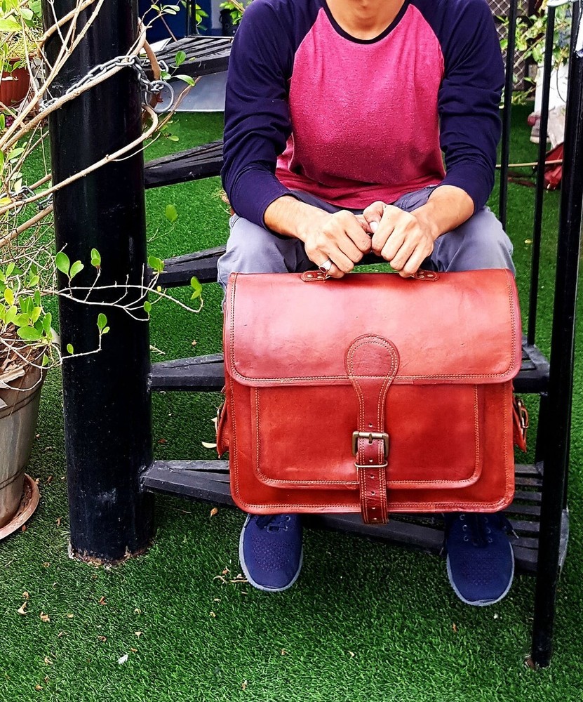 Leather Briefcase Shoulder Satchel Brown Vintage Handmade Bag Messenger Office