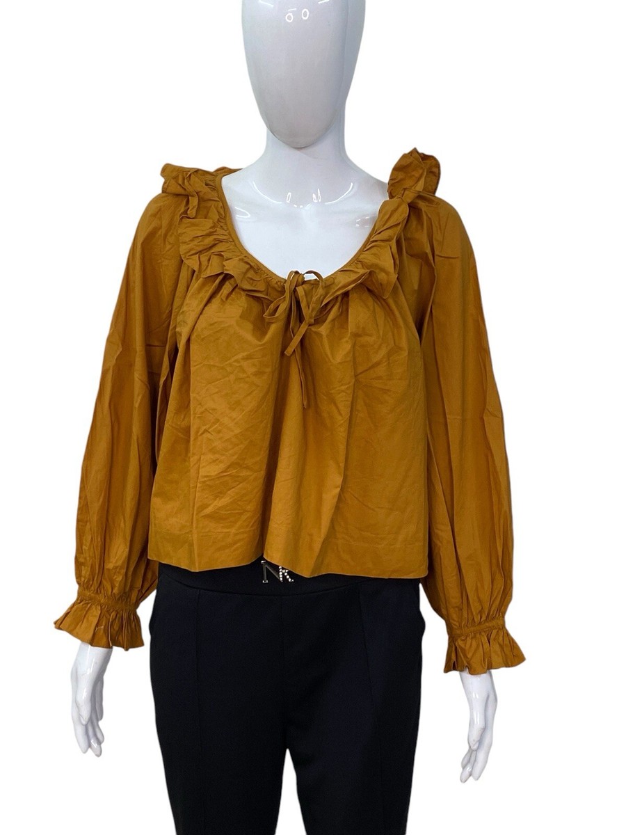 mustard ruffle blouse