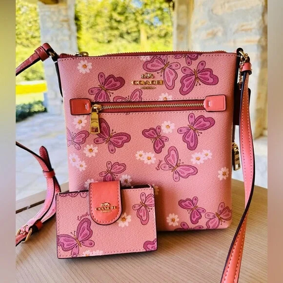 COACH Mini Rowan File Bag Floral Butterfly Print+Card Case Wallet Shell  Pink NEW
