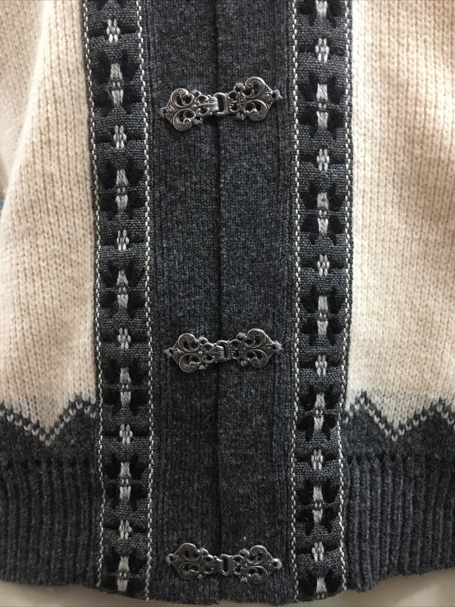 M Vintage 80s SCAN ALP 100% New Zealand Wool NORDIC BUNAD CARDIGAN Pewter Clasps
