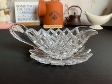 VINTAGE GLASS SET MINT SAUCE BOAT JUG & SAUCER DIAMOND CUT