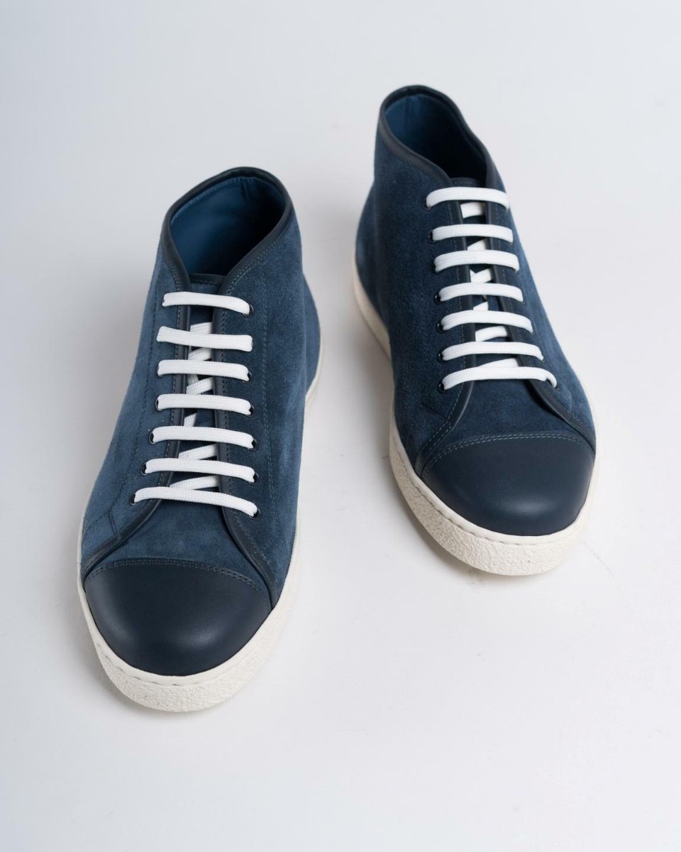 John Lobb $875 Navy Blue Suede Levah Mid-Top Sneakers Shoes 6 Made
