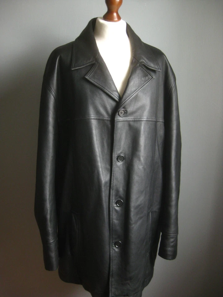 M&S LEATHER JACKET LARGE 42 44 BLAZER COAT soft black fine relaxed fit mens SP