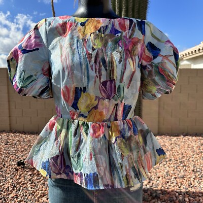 NWOT Milly Bennet Metallic Tulip Floral Short Puff Sleeve Peplum Blouse Sz Small