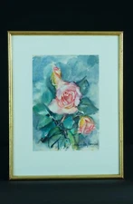 Antique Painting Watercolour Toulouse Signed Amanda Bonnieu Throw Rose Sete 1950