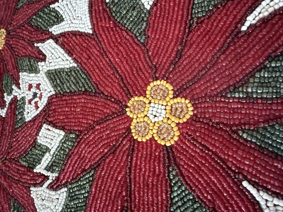 ✿ Vintage Beaded Christmas Table Runner Red Poinsettia Flowers Holiday Decor - Image 3 of 4