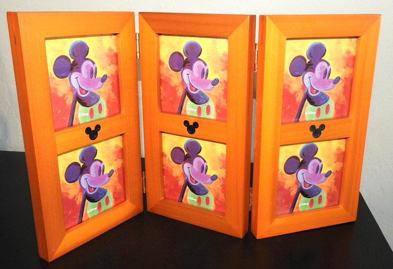 Disney Mickey Mouse Wood Tri Fold Photo Frame Holds 6-3x3 Embossed Mickey Heads!