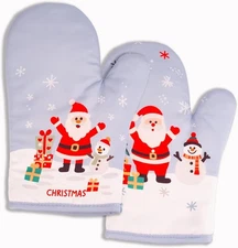 Christmas Oven Mitts Pair Santa Snowman Heat Resistant Gloves