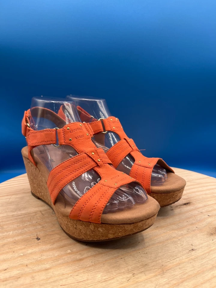 Clarks Collection Sandals Womens 6.5M Sling Back Orange Open Toe Wedge Heels - Image 3 of 4