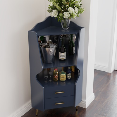 #ad Blue Wooden Corner Bar Cabinet 2 Shelves amp; 2 Drawers Mirrored Back High Legs $186.66
