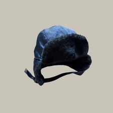 Vintage Trapper Hat Navy Blue Faux Fur Lined Ear Flaps Made in USA Union Tag M