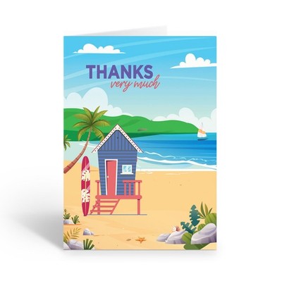 Beach Hut Blank Thank You Note Cards, 10 cards w/Envelopes - Size 4.25'' x 5.5''