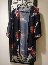 Black Sheer Chiffon Kimono Cardigan Large W Red  White Floral Print 3/4 Sleeve